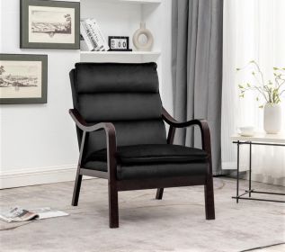 Mid-Century Modern Black Accent Chair with Wood Armrest, Upholstered Reading Chair for Living Room Bedroom