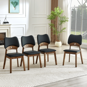 2 walnut colored solid wood dining chairs, with black PU soft packaging on the backrest and seat cushion, hollowed out design backrest