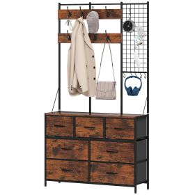 4-In-1 Coat Rack with 7 Drawer Fabric Dresser, Hall Tree with 14 Hooks for Hallway, Entryway, Bedroom, Rustic Brown