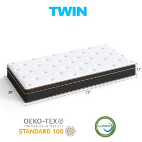 12 Inch Twin Mattress, Spring Mattress With Black-Gold Trim & White Surface, Medium Firm Support For Bedroom/Guesthouse (Option: defaulttitle)