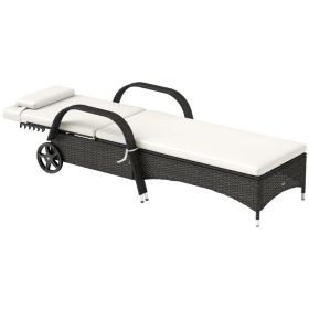 Outdoor Chaise Lounge, 5-Level Adjustable Backrest Rattan Pool Lounge Chair With Wheels, Cushion & Headrest, Cream (Option: Cream)